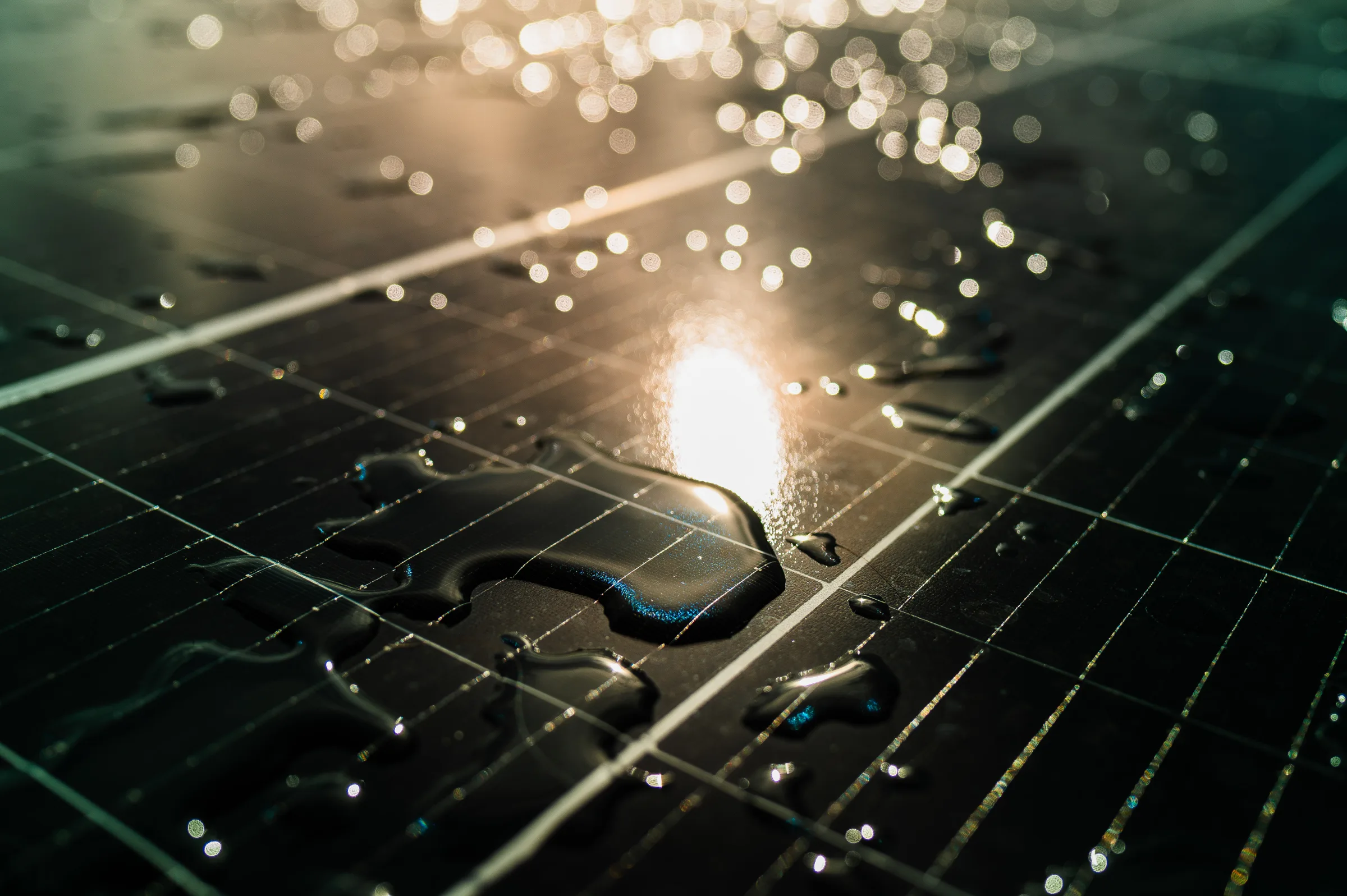 Panel solar con gotas de agua en campo